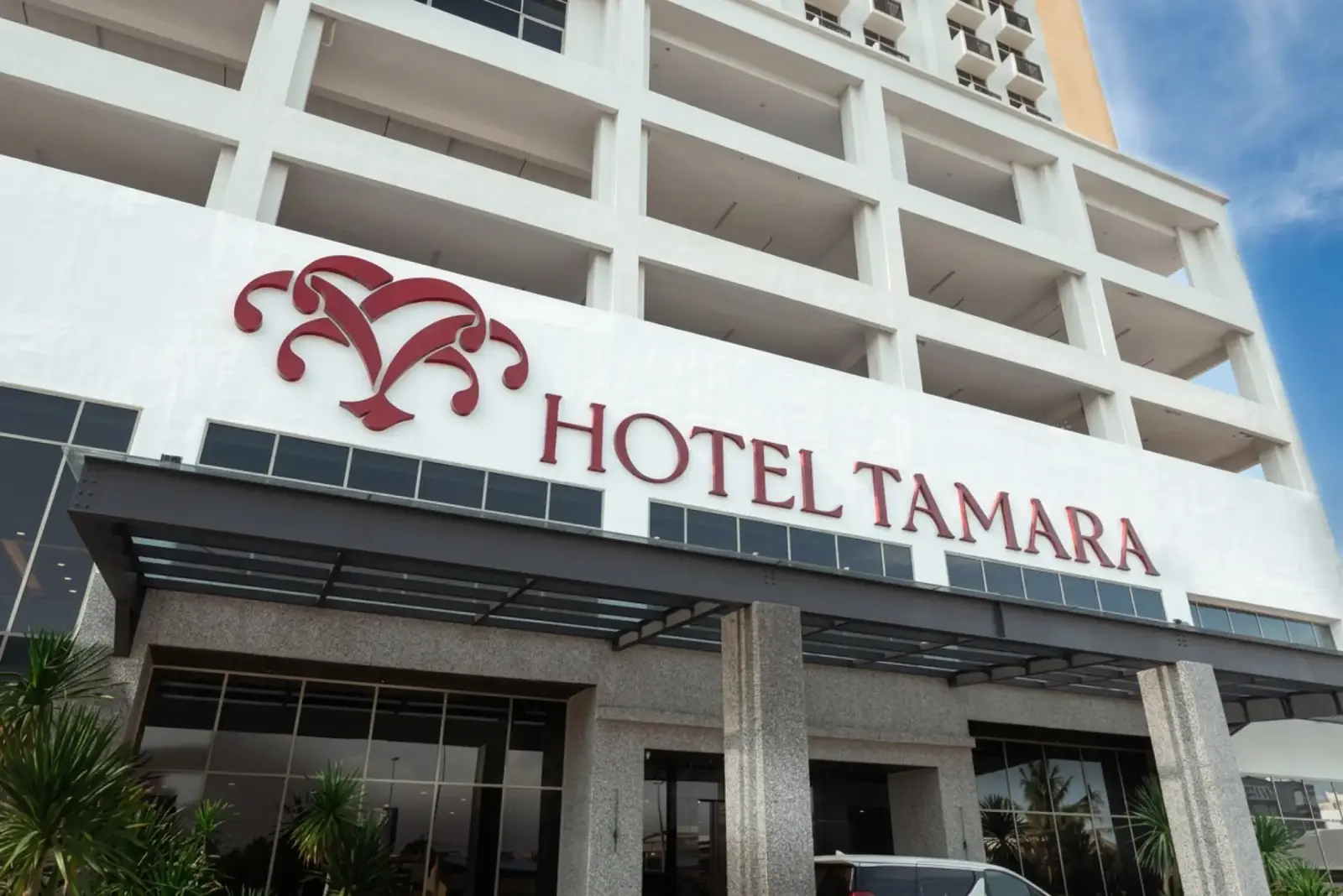 Hotel entrance and signage